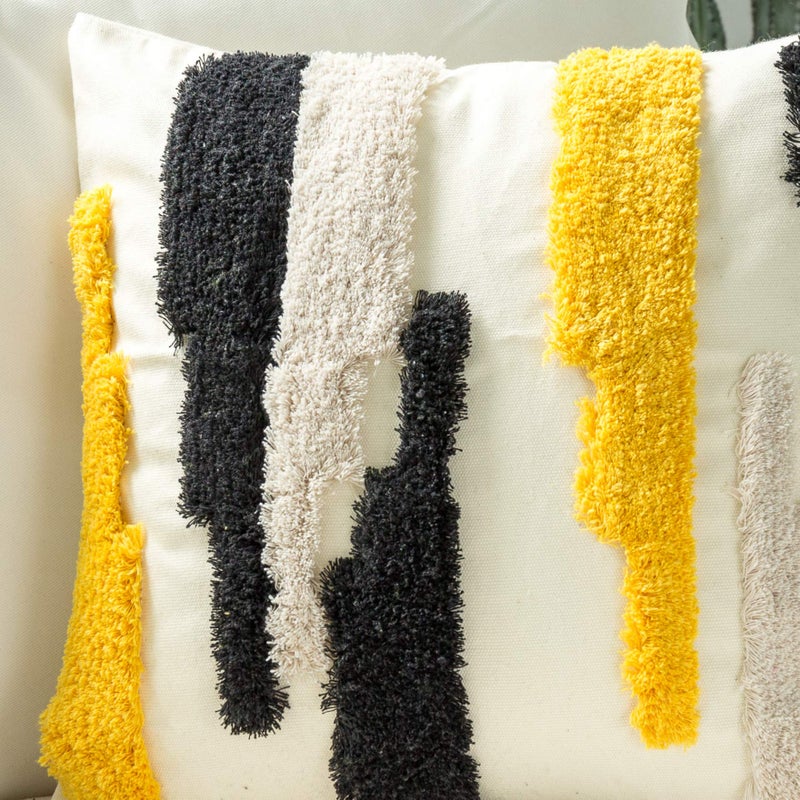 Snugtown Woven Tufted Boho Throw Pillow Cover, Modern Decorative Geometric Irregular Black Ivory Yellow Striped Lines Cushion, Farmhouse Tribal Pillowcases for Couch Sofa Bedroom Living Room, 18 x 18 Inches - Image 2